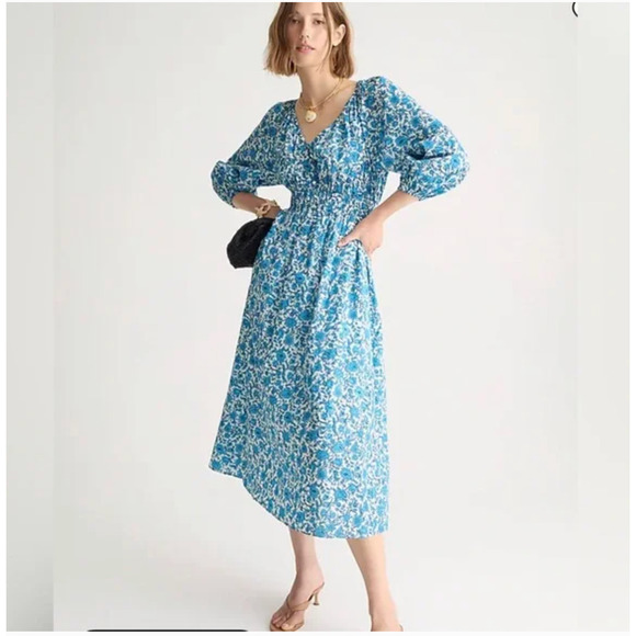 J. Crew Dresses & Skirts - NWT J. Crew V Neck Midi Floral Dress XXS Blue Blooms Blockprint BR442 J.Crew